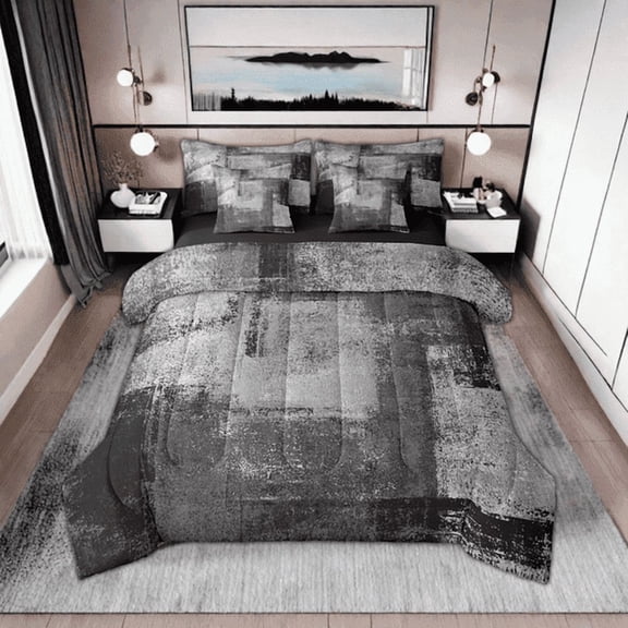 Black White Grey King Bedding Set 7 Piece Geometric Abstract Comforter Set With Sheet Set For Boys Men Oil Painting Ombre Graffiti Bed In A Bag Modern Grunge Bed Set Reversible Black