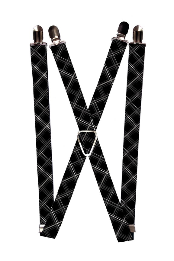 black white grey large diagonal plaid pattern suspenders