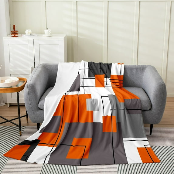 Black White Grey Orange Fleece Blanket Geometric Square Throw Blanket Adults Geometry Striped Blanket 30x40 Inch Mid Century Modern Abstract Luxury Soft Bed Blanket
