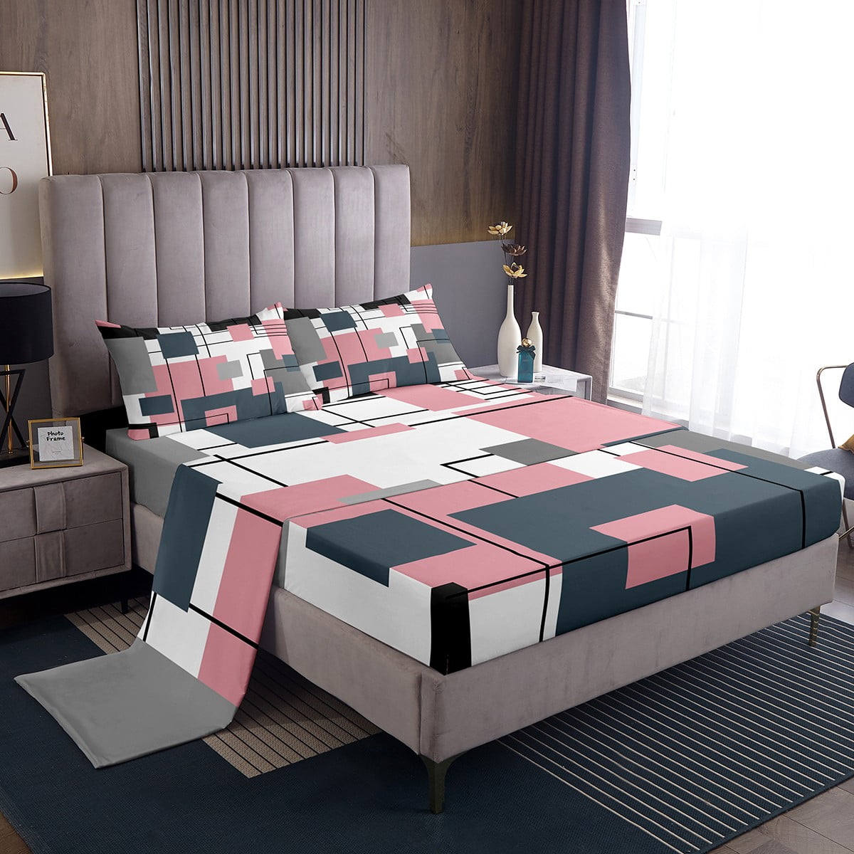 Black White Grey Pink Twin Bed Sheets Geometric Square Sheet Set Teen ...