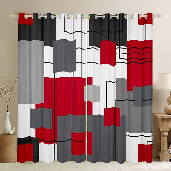 YST Black White Grey Red Window Curtains 52"Wx63"L Geometry Square Blackout Curtains For Kids Boys Bedroom Modern Abstract Geometric Stripes Window Curtains Line Window Treatments 2 Panels