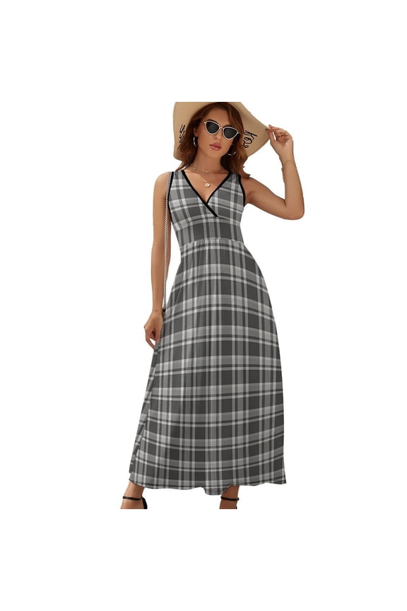 Black White Grey Simple Scott Plaid Tartan Buffalo Check Sleeveless Dress Dresses Women Summer Evening Dresses Ladies Bohemia Long Dresses