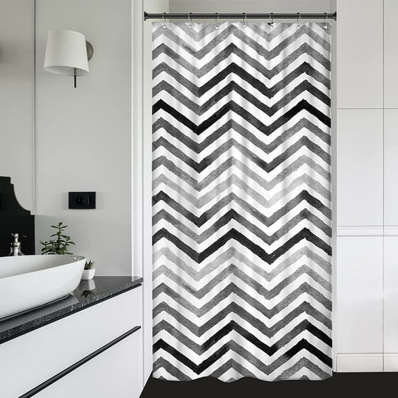 Black White Grey Stall Small Half Size Shower Curtain 36x72 Inch Chevron Herringbone Ombre Striped Geometric Single Narrow Walkin Standing Dorm Decor Fabric Bathroom Polyester Waterproof