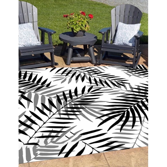 Black White Grey Tropical Palm Leave Indoor Outdoor Waterproof Area Rug Washable No Skid Outside Rug For RV Camping Backyard Garden Patio Deck Balcony Porch Summer Outdoor Floor Mat 2x3ft