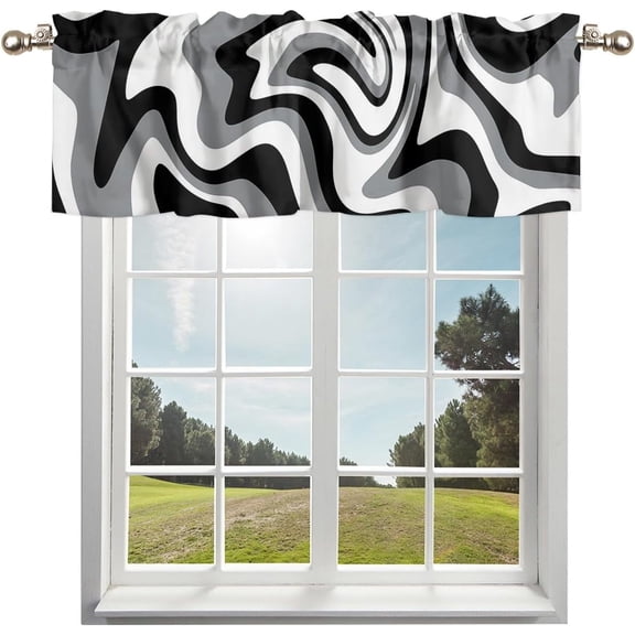 Black White Grey Valances Curtain for Windows Short Kitchen Curtains, Modern Abstract Fluid Geometric Art Rod Pocket Window Valance Curtains Drapes for Bedroom Cafe Living Room 54"x18"