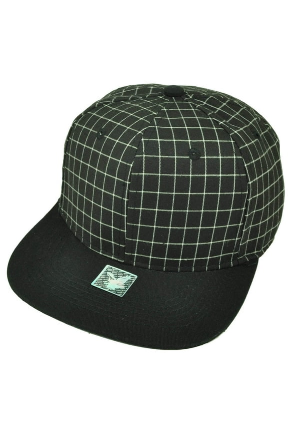 Black White Grid Square Pattern Flat Bill Snapback Hat Cap Blank Adjustable