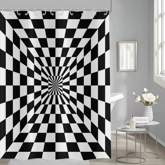 Black&White Groovy Checkerboard Shower Curtain 70s Retro Abstract Geometric Psychedelic Wavy Aesthetic Bathroom Curtains