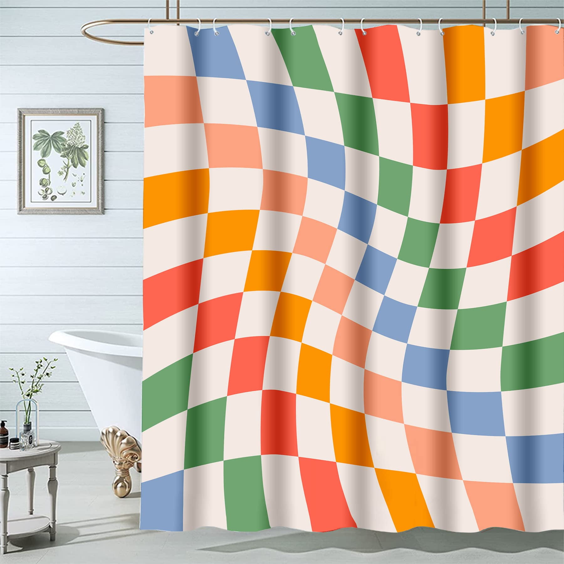 Black＆White Groovy Checkerboard Shower Curtain 70s Retro Abstract Geometric Psychedelic Wavy ...