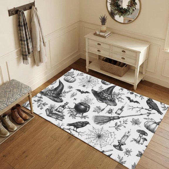 Black White Halloween Area Rugs 3'x5', Washable Small Throw Rugs for Living Room Bedroom, Minimalist Horror Skull Indoor Outdoor Rug Non-Slip Low Pile Carpet Runner Reversible Floor Mats