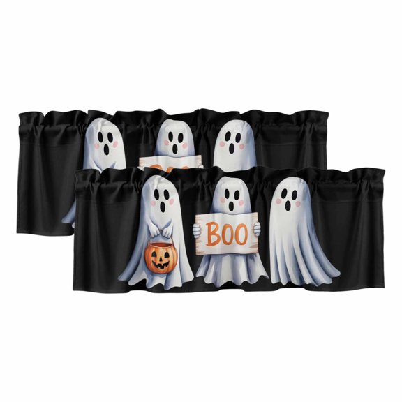Black White Halloween Curtain Valances for Windows, Kitchen Valance Window Treatments Panel 2 Pack, Ghost Modern Art Rod Pocket Short Curtains for Bathroom Bedroom 42 x 12 Inch