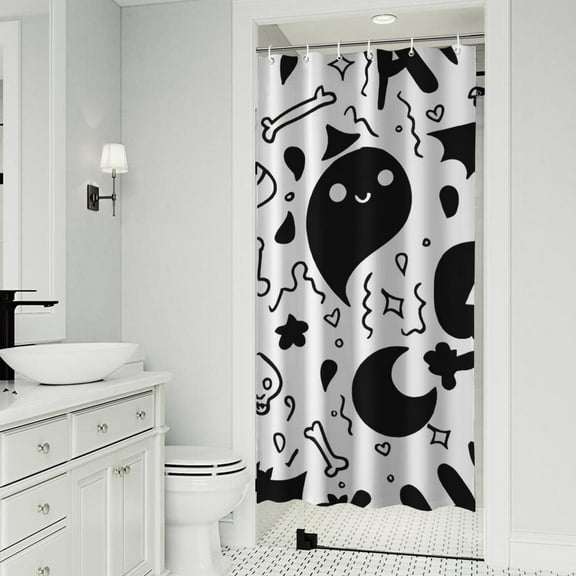 Black and White Halloween Doodle Pattern Shower Curtain 36"x72" ,Bathroom Decorative Shower Curtains Set with 12 Hooks,Modern Waterproof Washable Shower Curtain