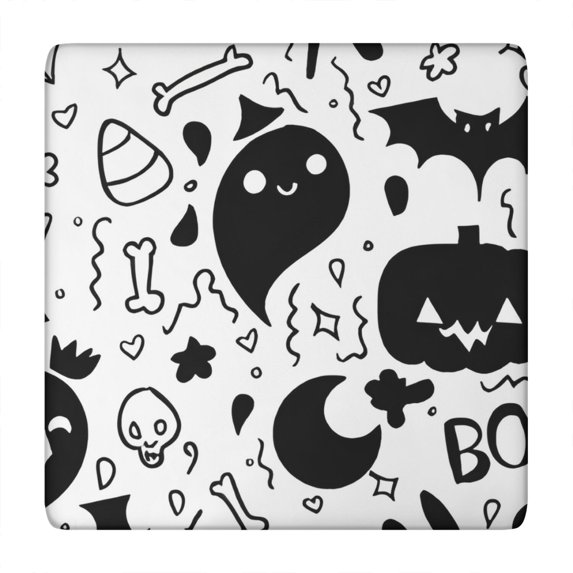 Black and White Halloween Doodle Pattern Square Fitted Tablecloth with Elastic Edge,Square Table Cover,Washable Elastic Table Cover for Home Kitchen Party Decor 34"x34"