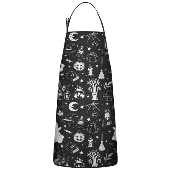 Black and White Halloween Elements Pattern Apron-Garden Aprons for Women with Pockets-Cotton Linen Waterproof Kitchen Cooking Gardening Aprons Adjustable for Kitchen,Cooking,BBQ and Salon 33"x27"