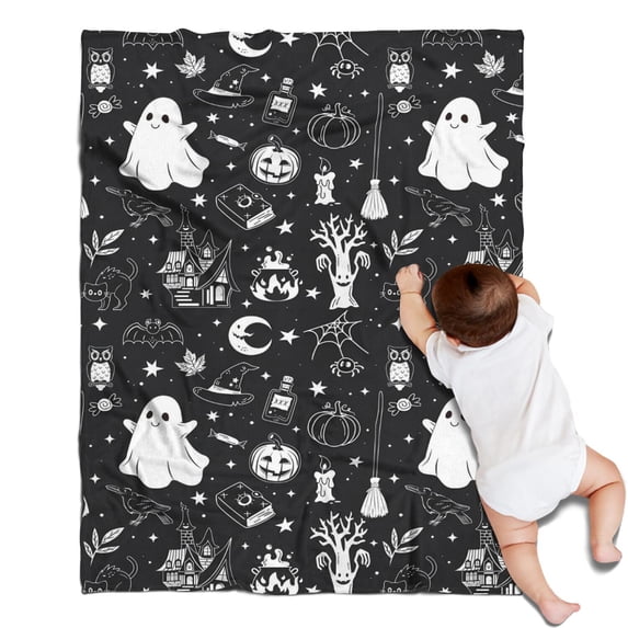 Black and White Halloween Elements Pattern Blanket,Comfortable Soft Flannel Throw Blanket,All Season,Warm Lightweight Blankets for Sofa Bed Couch Living Room Chair,30"x40"