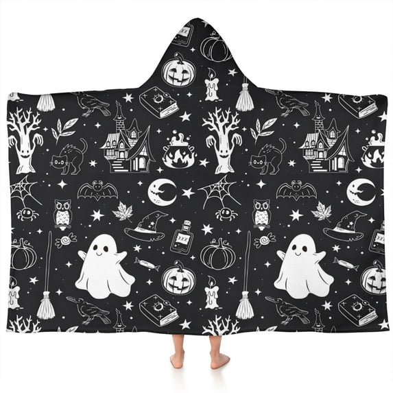 Black and White Halloween Elements Pattern Hooded Bath Towel,60"x35" for Ages 3 To 12 Kids, Quick Dry Lightweight Soft Microfiber Hood Beach Towel Cover Up for Kids
