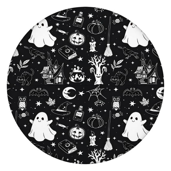 Vintage Halloween Elements Pattern Round Fitted Tablecloth with Elastic Edge,Dining Table Cover Waterproof,Outdoor Round Tablecloth for Camping,Dining,Indoor and Outdoor