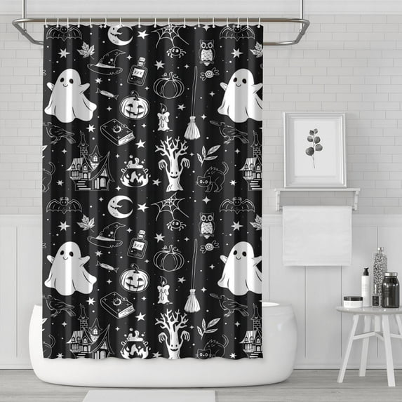 Black and White Halloween Elements Pattern Shower Curtain 72"x72" ,Bathroom Decorative Shower Curtains Set with 12 Hooks,Modern Waterproof Washable Shower Curtain