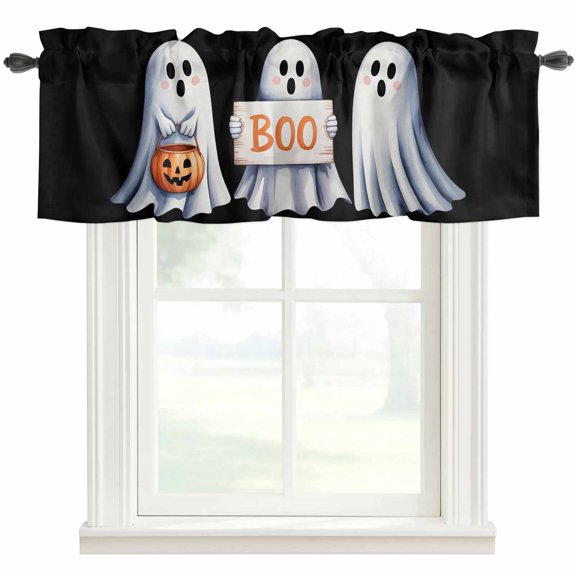 Black White Halloween Farmhouse Short Window Curtain Valances, Ghost Modern Art Rod Pocket Kitchen Valances for Living Room Bedroom Bathroom Cafe 42" x 12"