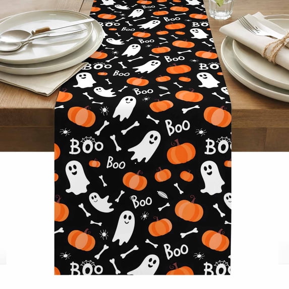 Black White Halloween Ghost Table Runner - 120 Inch Long, Kitchen Dining Table Runner Dresser Scarves, Orange Pumpkins Fall Farmhouse Decor for Coffee Tables Wedding Party Banquet