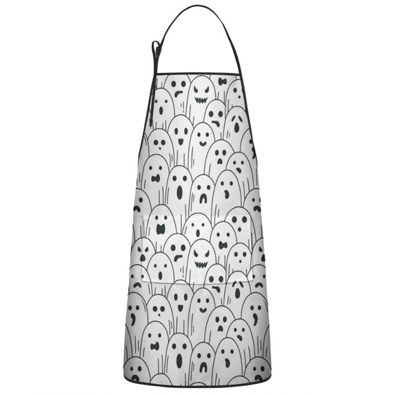 Black and White Halloween Ghosts Apron-Garden Aprons for Women with Pockets-Cotton Linen Waterproof Kitchen Cooking Gardening Aprons Adjustable for Kitchen,Cooking,BBQ and Salon 33"x27"