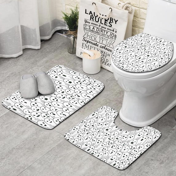 Black and White Halloween Ghosts Bathroom Rugs Sets 3 Piece,Toilet Cover Set,Absorbent Non Slip Bathroom Mats Sets with U-Shaped Contour Rug Toilet Rug Set