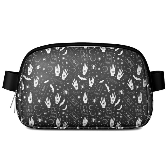 Black White Halloween Hand Tarot Bat Pattern Cute Fanny Packs for Women,Travel Waterproof Crossbody Fanny Bags Waist Purse for Women Anti Theft Adjustable Strap for Running Travel Cycling