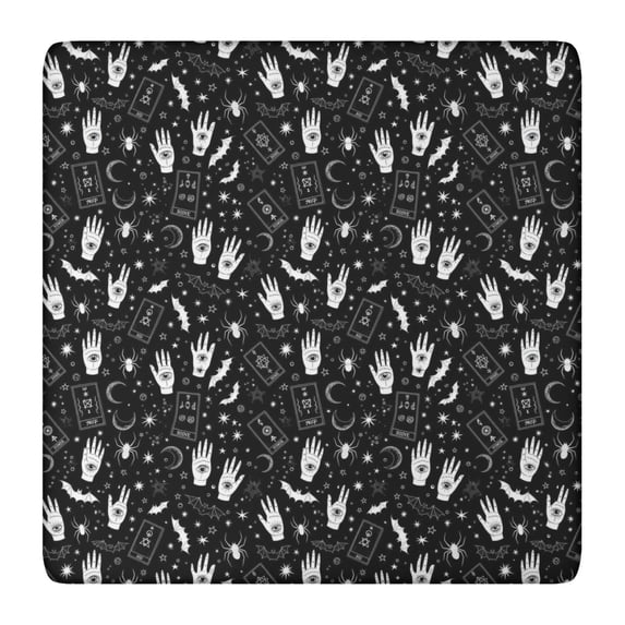 Black White Halloween Hand Tarot Bat Pattern Square Fitted Tablecloth with Elastic Edge,Square Table Cover,Washable Elastic Table Cover for Home Kitchen Party Decor 36"x36"