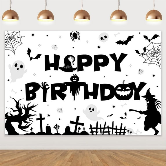 Black White Halloween Happy Birthday Backdrop Halloween Birthday Party Decorations Pumpkin Background Halloween Party Photo Booth Banner for Halloween 1st 2nd 3rd Birthday Party Decor Supplies 5x3ft