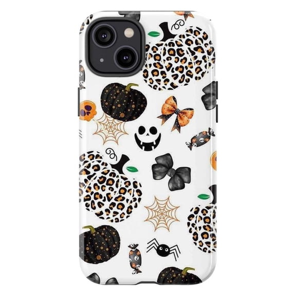 Black & White Halloween Phone Case, Leopard Print Pumpkins and Bows, Stylish Fall Spooky Cover for iPhone 17 16 15 14 13 12 11