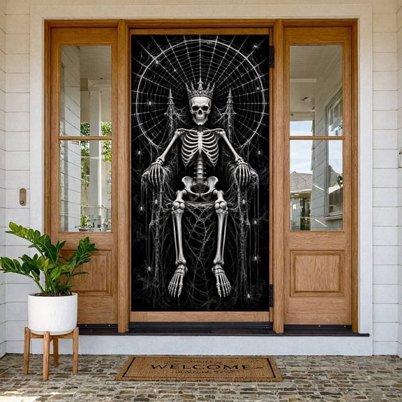 Black & White Halloween Skull Banner Gothic Skull King Backdrop Spooky Vibe Intricate Web Detail Dark Theme Display for Halloween Party Gothic Gathering Haunted House Decor