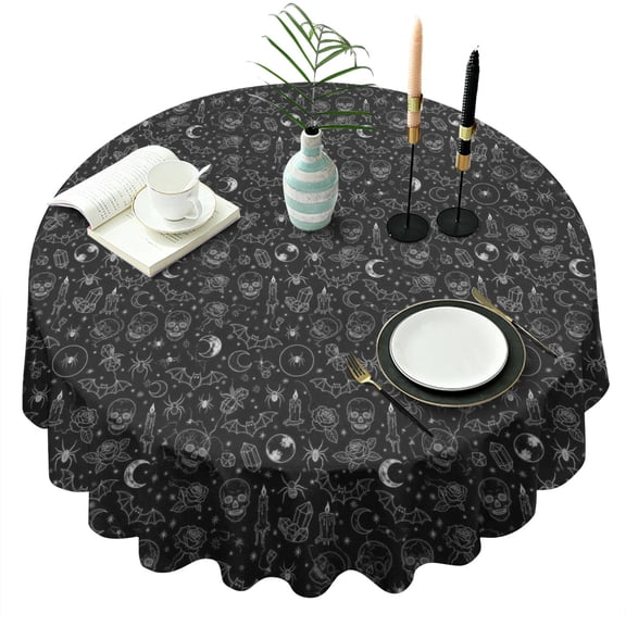 Black White Halloween Skull Bat Moon Pattern Round Tablecloth 60"x60",Wrinkle Wipeable Table Cloth for Kitchen Dining Room Picnic Patio Party
