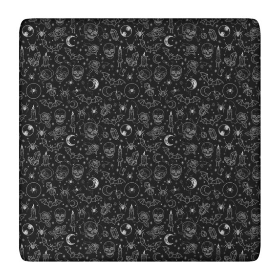 Black White Halloween Skull Bat Moon Pattern Square Fitted Tablecloth with Elastic Edge,Square Table Cover,Washable Elastic Table Cover for Home Kitchen Party Decor 36"x36"