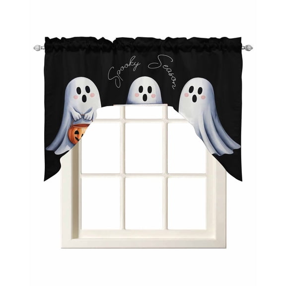 Black White Halloween Swag Curtains for Kitchen Ghost Modern Art Valances for Windows Rod Pocket Small Window Treatment Short Topper for Cafe Bedroom Bathroom Living Room Decor 56x36 Inch