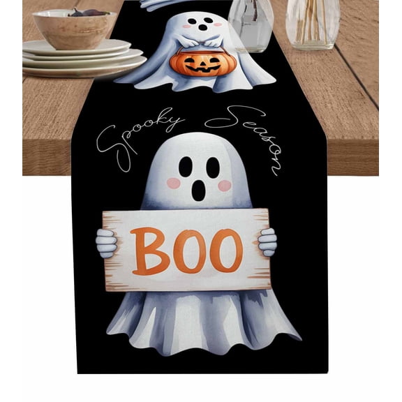 Black White Halloween Table Runner 72 Inches, Ghost Modern Art Bed Runner Dresser Scarves Tabletop for Indoor Outdoor Parties/Ceremony/Banquet, 14" x 72"