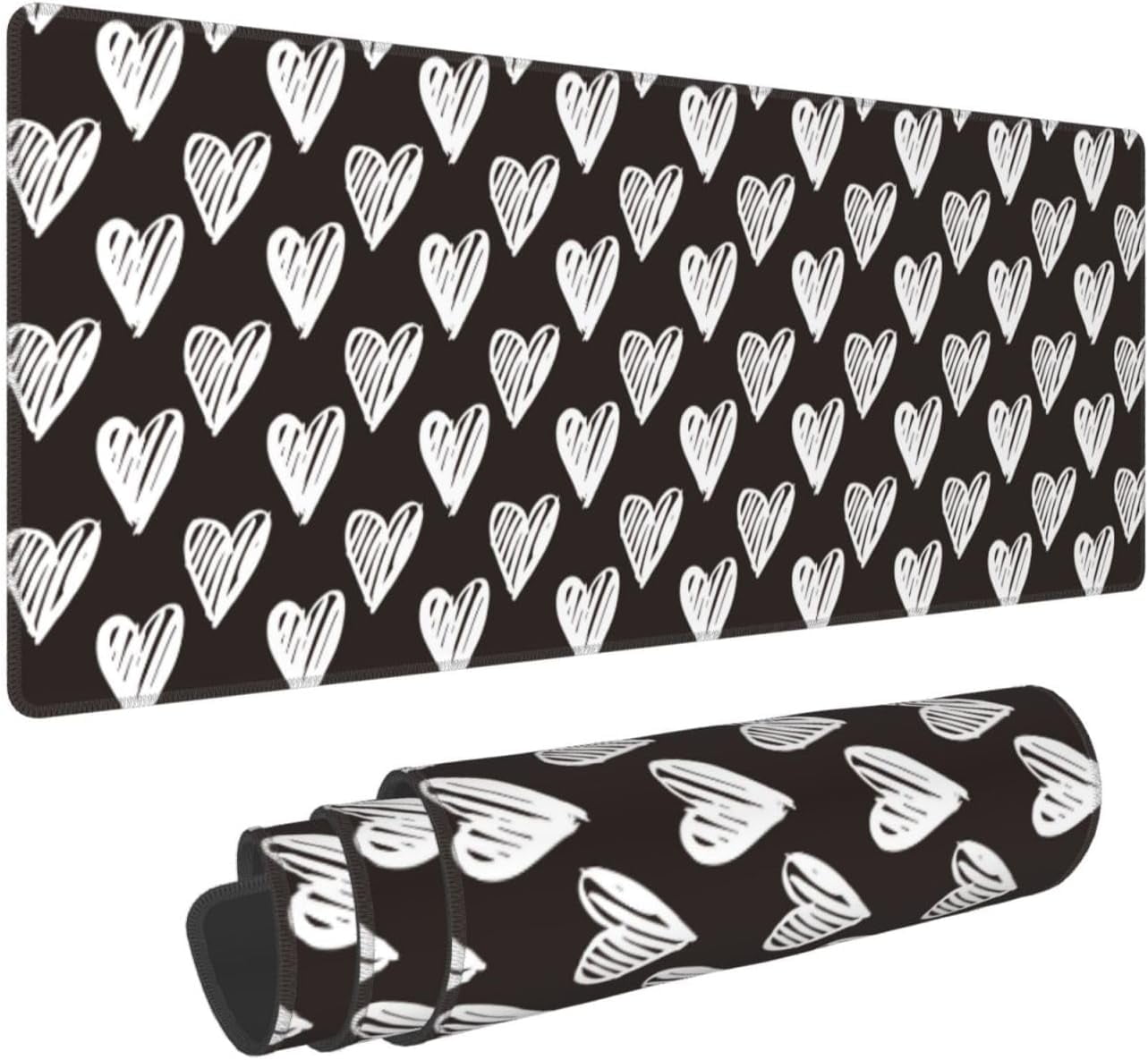 Black and White Heart-Large Mouse Pad Gaming Mousepad XL 31.5x11.8 in Desk Pad Large Non-Slip Rubber Base Desk Mats on Top of Desks Mouse Pads for Wireless Mouse Computer Desks Accessories