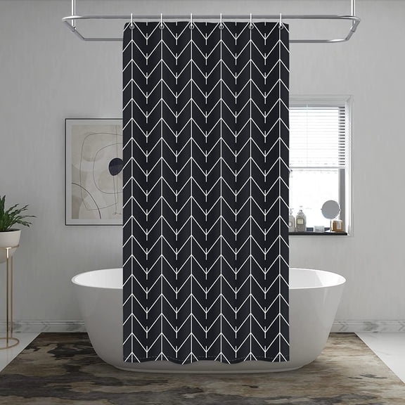 Black and White Herringbone Shower Curtain, Modern Geometric Chevron Striped Bathroom Decor, Waterproof Fabric Polyester Set, with Hooks 36 x 72 Inches