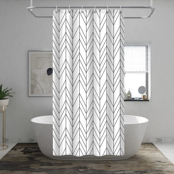 Black and White Herringbone Shower Curtain, Modern Geometric Chevron Striped Bathroom Decor, Waterproof Fabric Polyester Set, with Hooks 36 x 72 Inches