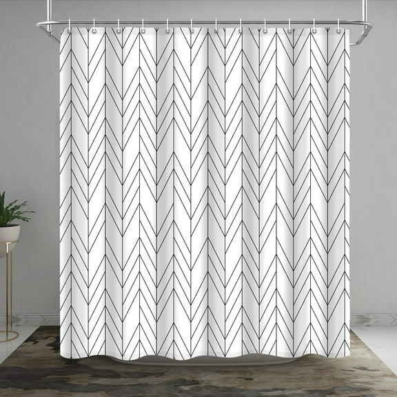 Black White Herringbone Shower Curtain, Modern Geometric Chevron Striped Bathroom Decor, Waterproof Fabric Polyester Set, with 12 Hooks 72 x 72