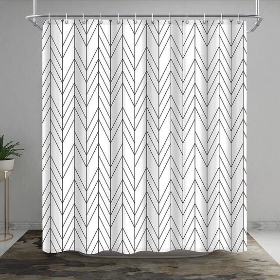 Black White Herringbone Shower Curtain, Modern Geometric Chevron Striped Bathroom Decor, Waterproof Fabric Polyester Set, with 12 Hooks 72 x 72