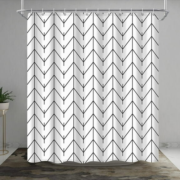 Black and White Herringbone Shower Curtain, Modern Geometric Chevron Striped Bathroom Decor, Waterproof Minimalist Fabric Polyester Set, with 12 Hooks 72 x 72 Inches