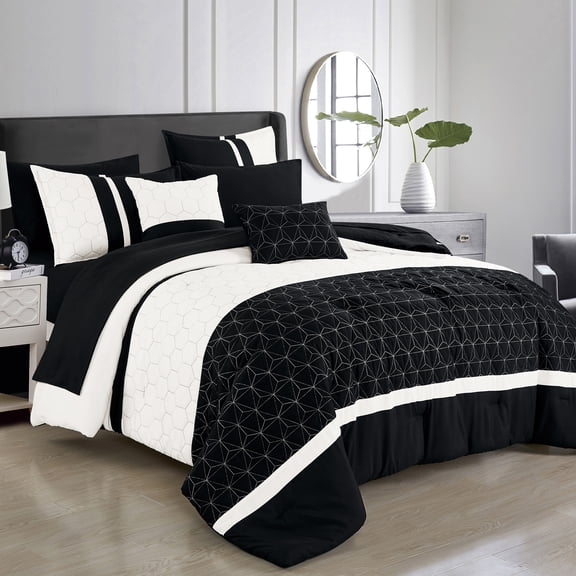 Black & White Hexagon Comforter Set with Sheet Set, 9-Piece Bed in a Bag King Size