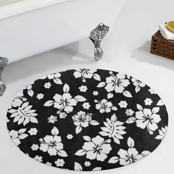 Black with White Hibiscus Hawaiian Flower Pattern Round Area Rugs for Bedroom Living Room, 5FT Soft Comfy Indoor Circle Carpets, Carpet Home Decor Floor Mat
