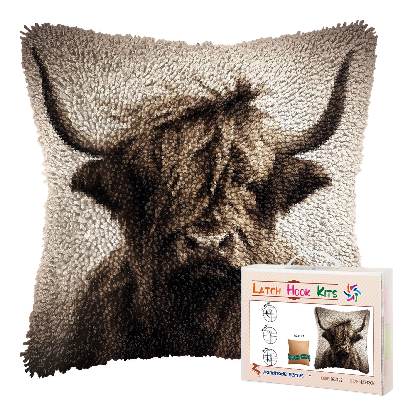 Black and White Highland Cattle DIY Latch Hook Pillow Kits for Adults Printed Pillowcase Crochet Yarns Hooking Handmade Pillow Cover Cushion for Home Sofa Decoration 17x17inch
