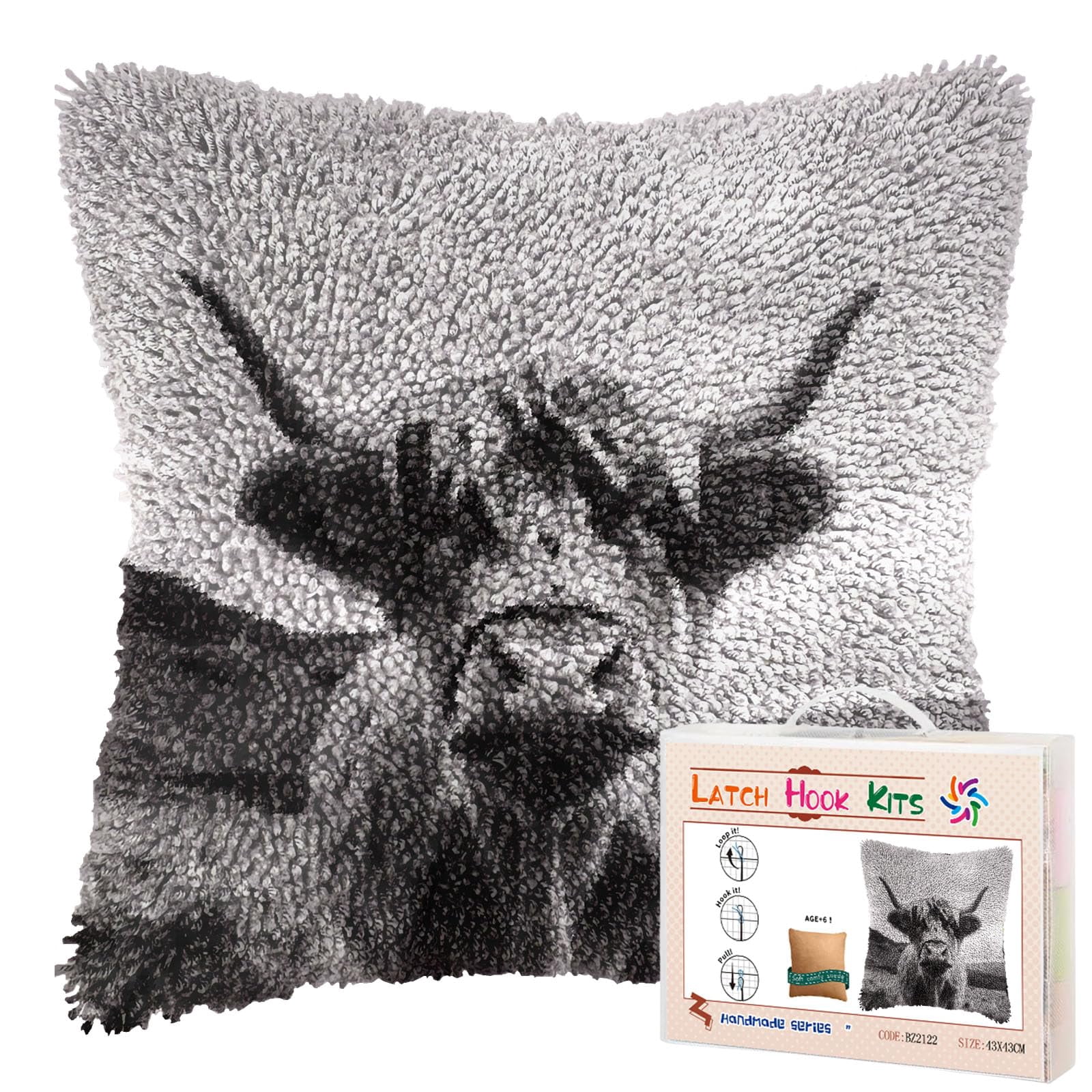 Black and White Highland Cattle DIY Latch Hook Pillow Kits for Adults Printed Pillowcase Crochet Yarns Hooking Handmade Pillow Cover Cushion for Home Sofa Decoration 17x17inch(1)
