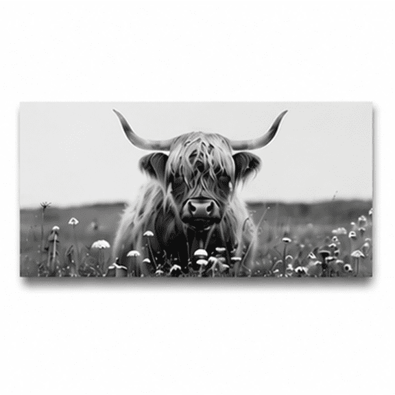 Black and White Highland Cow Canvas Wall Art, 16x12 Inch Framed Farmhouse Animal Print, Rustic Cattle in Wildflowers Wall Decor for Living Room Bedroom