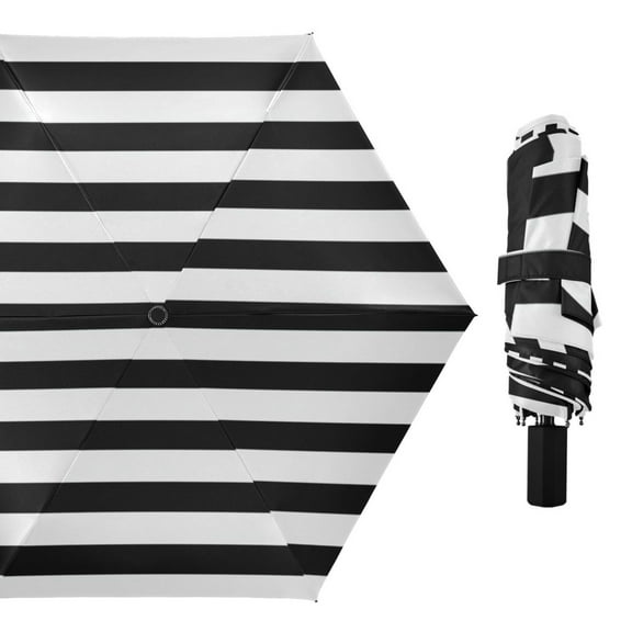 Black White Horizontal Narrow Stripes All Weather Umbrella Triple Folding Parasol 6 Ribs UV Protection Portable