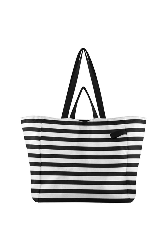 Black White Horizontal Narrow Stripes Foldable Canvas Tote Bags Reusable Grocery Bags Laundry Bags Beach Bag 32L