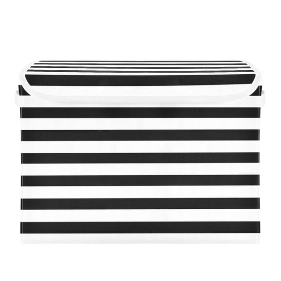 Black White Horizontal Narrow Stripes Foldable Storage Bin with Lid and Handle Collapsible Storage Box 16.5 x 12.6 x 11.8 inches