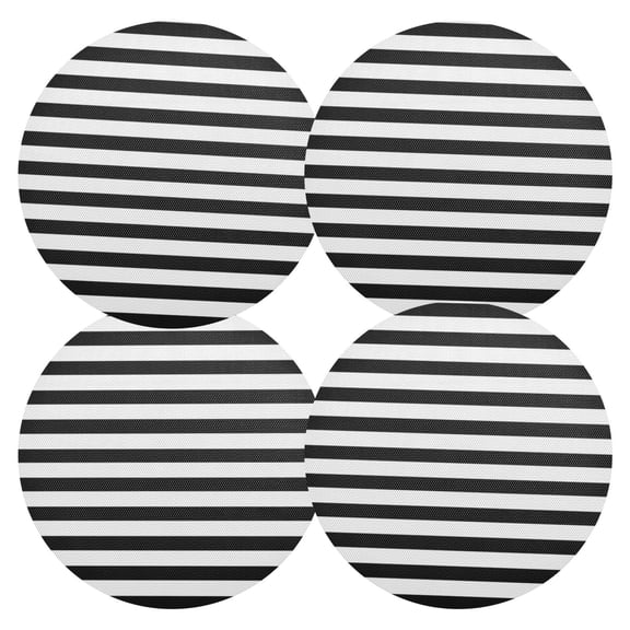 Black White Horizontal Narrow Stripes PVC Round Grid Placemat Table Mat Set 4 Pcs 15.4" x 15.4"