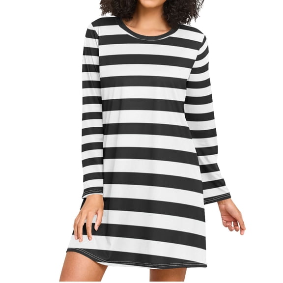 Black White Horizontal Narrow Stripes Women's Long Sleeves Nightgowns Sleepwear Soft Pajama A-line Sleep Dress L